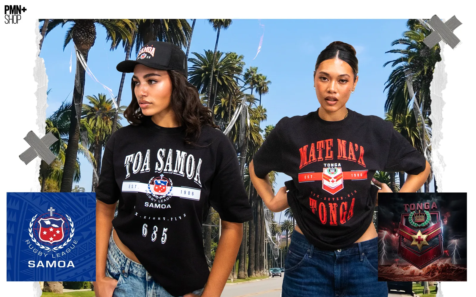 Shop PMN+ Rugby League World Cup 2026 merch: two Pasifika models under palm trees in the Toa Samoa Crest Oversized Tee and trucker and the Mate Ma’a Tonga Crest Oversized Tee