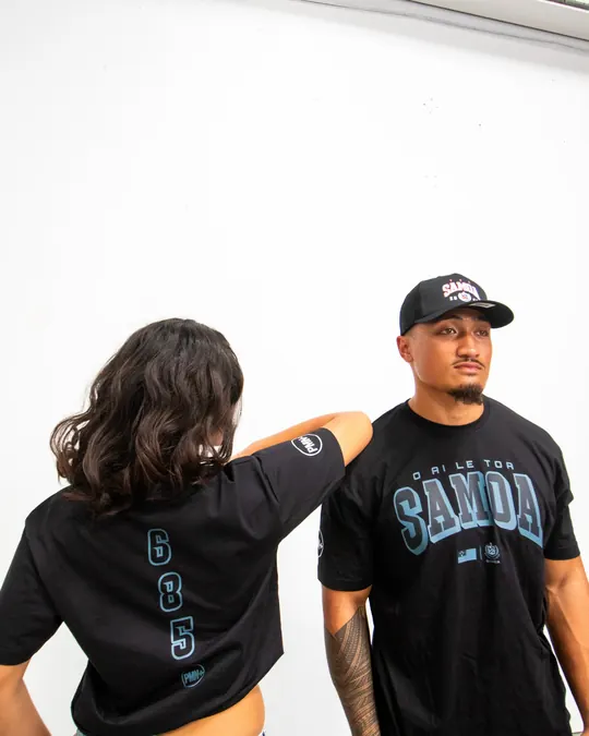 Two models back to front showing the 685 back print and a Toa Samoa tee