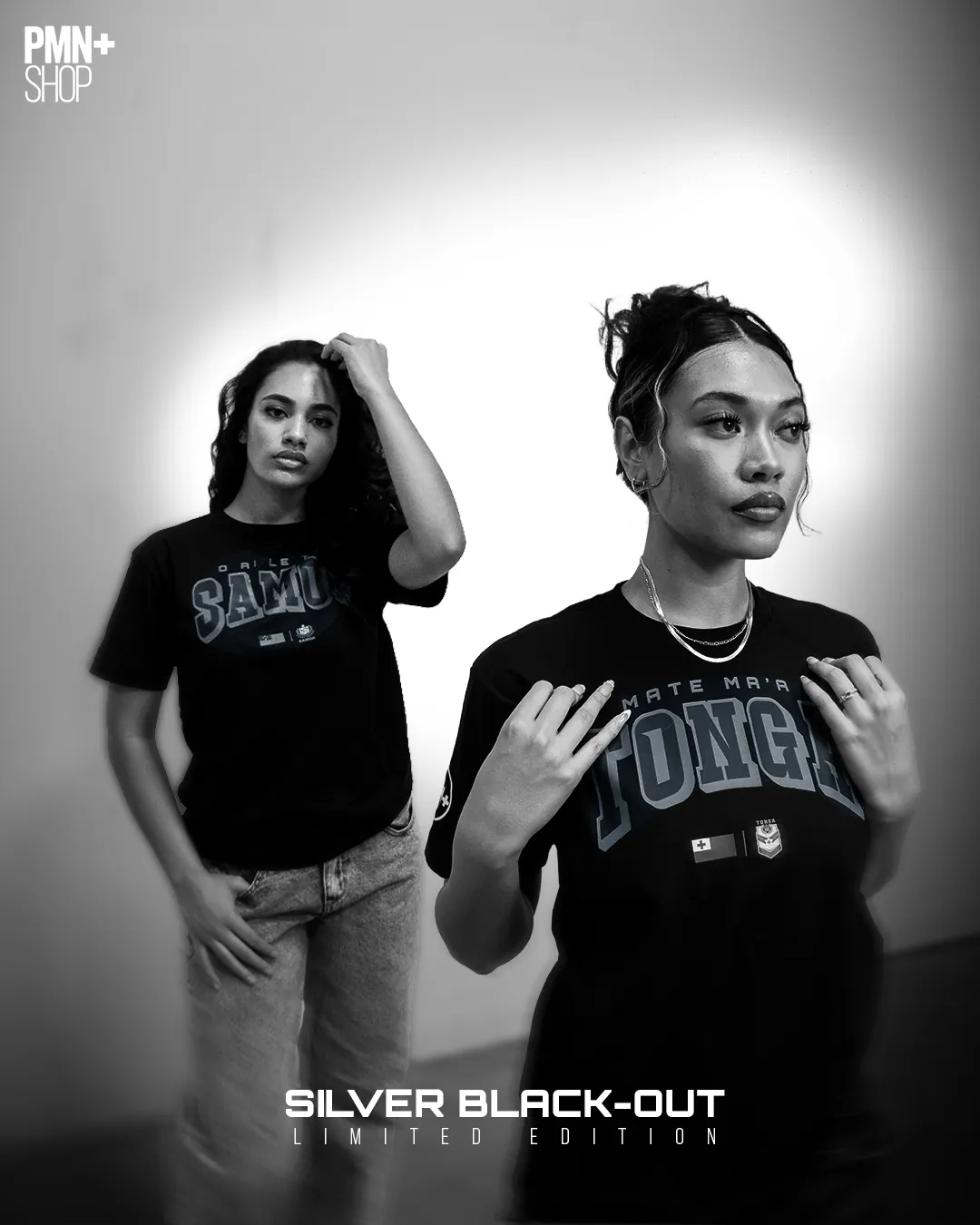 Silver Black-Out limited edition: two models in the O Ai Le Toa Samoa and Mate Maʻa Tonga black tees