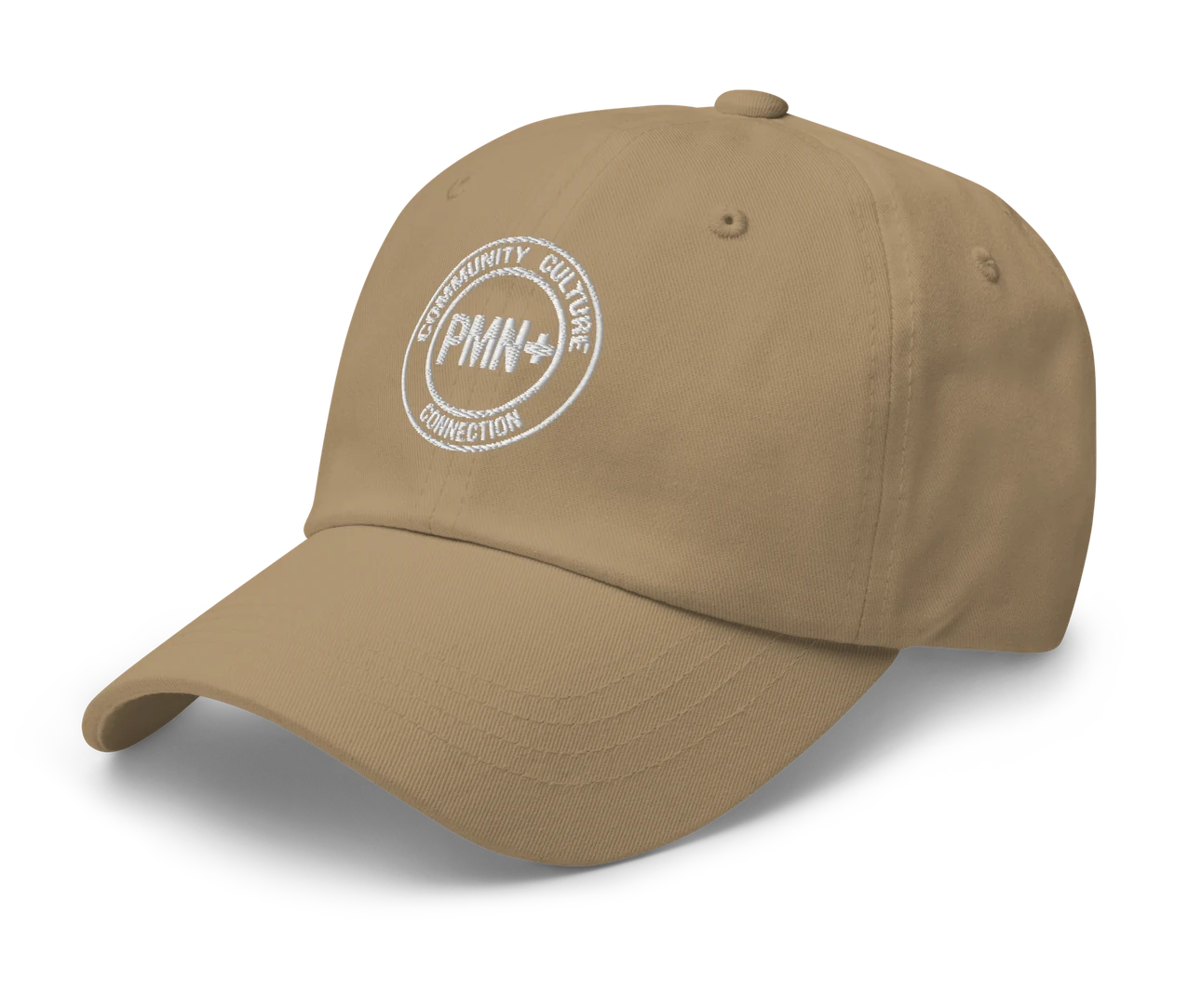 PMN+ Classic Dad Hat in khaki, front left view
