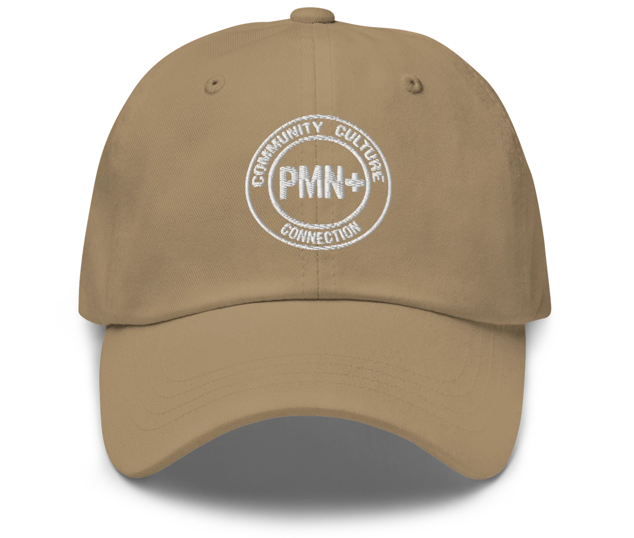 PMN+ Classic Dad Hat in khaki, front view