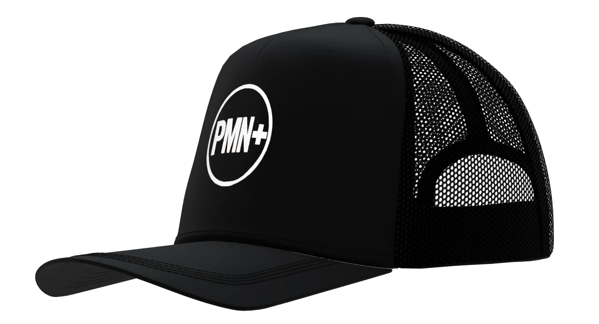 PMN+ Trucker Hat in black, front left view
